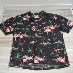 Vtg Paradise Found Shirt Men Large Black Tropical Flamingo Hawaiian Made In USA